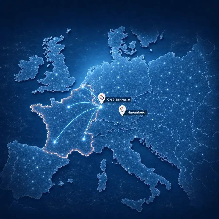 Carte de l’Europe avec les deux ateliers Schaknat en Allemagne et le réseau d’intervention en France